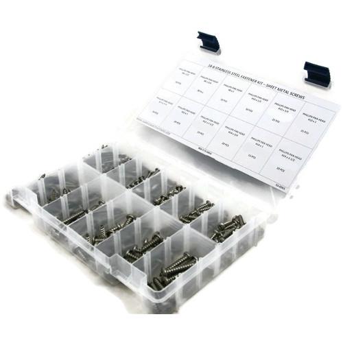 Kit Assortment, Sheet Metal Screws, Phillips Pan Head, Stainless Steel  18-8, 296 Pieces