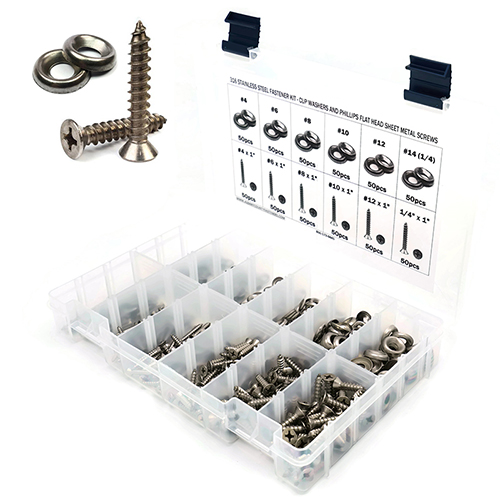 Kit, Sheet Metal Screws w/ Finishing Cup Washers, Phillips Flat Head, Stainless Steel 316, 601 Piece