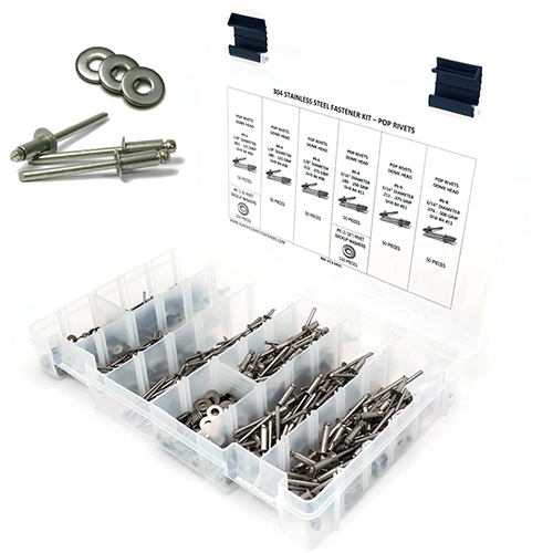 Kit Assortment, Pop Rivets with Washers, Stainless Steel 304, Sizes  #4-2 through #6-8, 601 Pieces