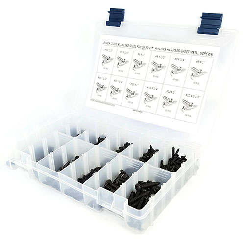 Kit Assortment, Sheet Metal Screws, Phillips Pan Head, Black Oxide Stainless Steel, 451 Pieces
