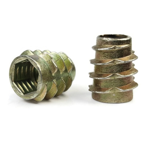 Metric Threaded Insert Nuts, Flush Hex Drive, Softwood, Yellow Zinc Alloy Steel, Type E, M6 x 1.0